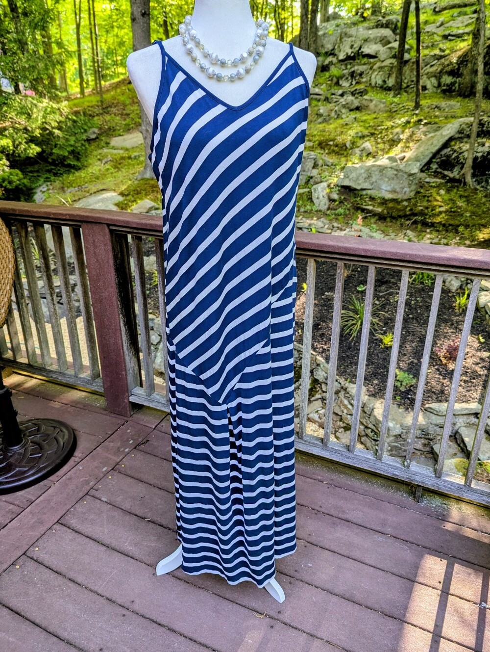 Striped Navy and White Maxi Dress - Sleeveless V-Neck